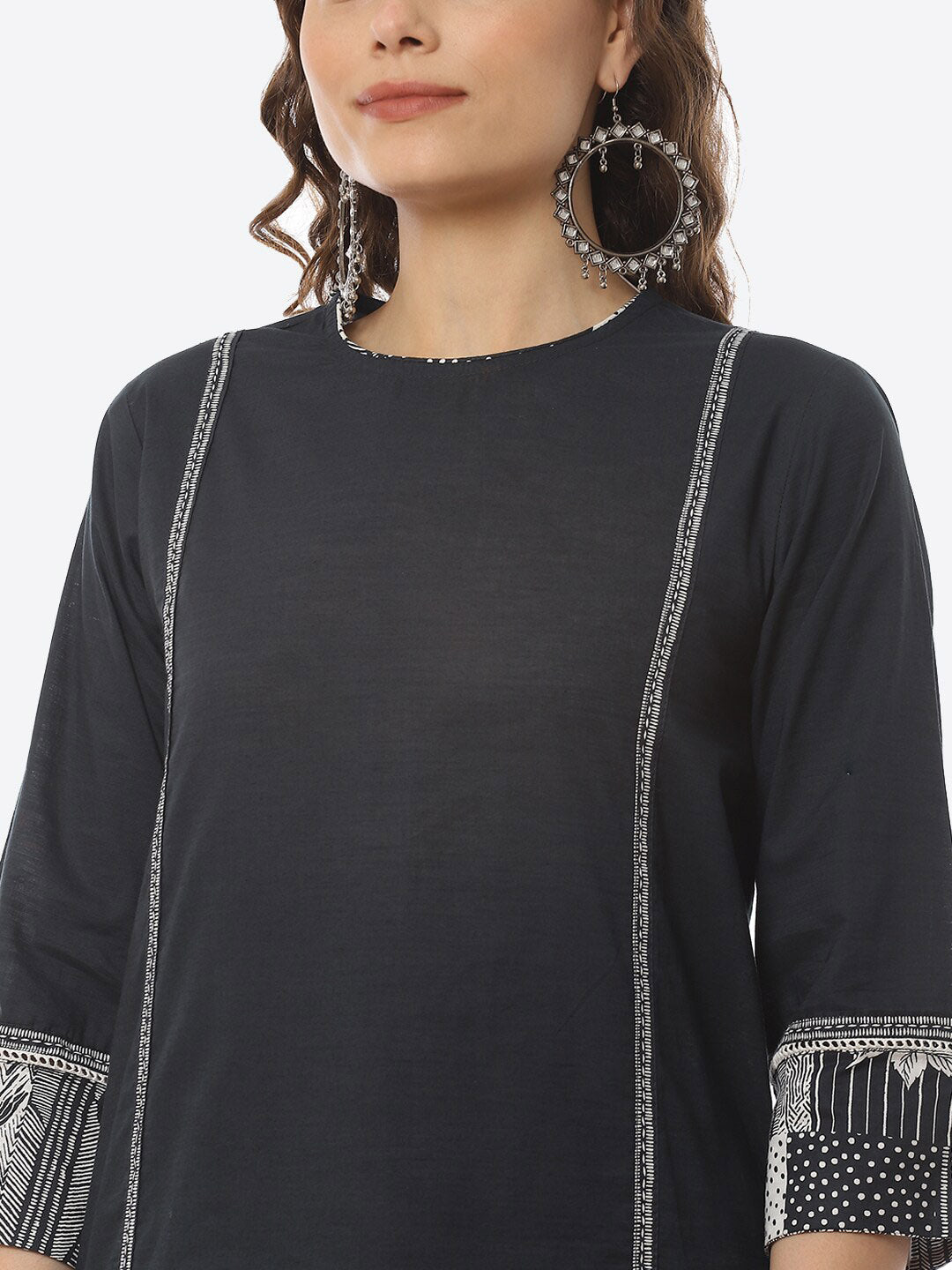 Biba Women Black Ethnic Motifs Panelled Pure Cotton Kurta with Trousers & Dupatta - Distacart