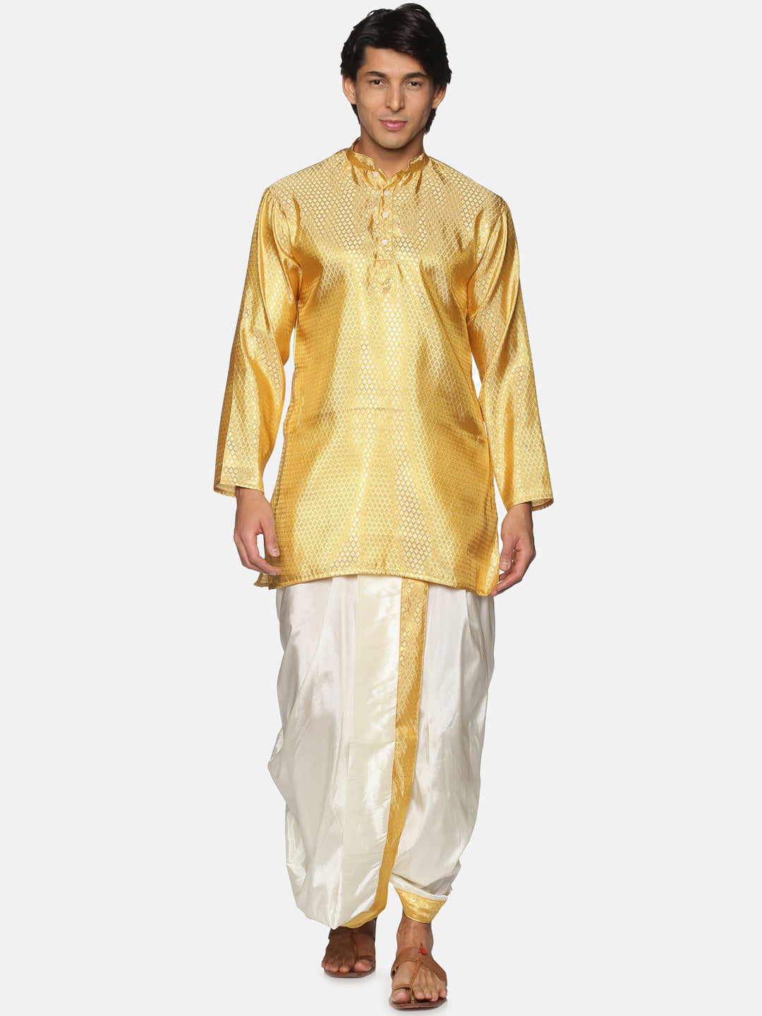 Sethukrishna Men Gold-Toned & White Kurta with Dhoti Pants - Distacart
