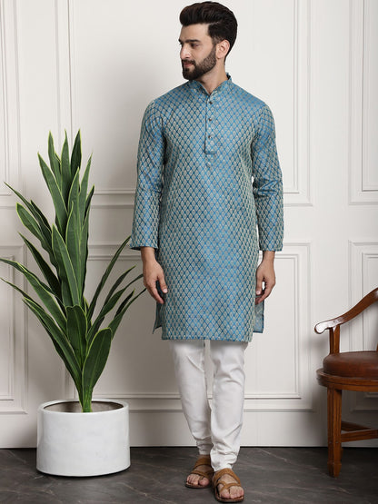 Sojanya Woven Design Mandarin Collar Kurta with Churidar & Nehru Jacket - Distacart