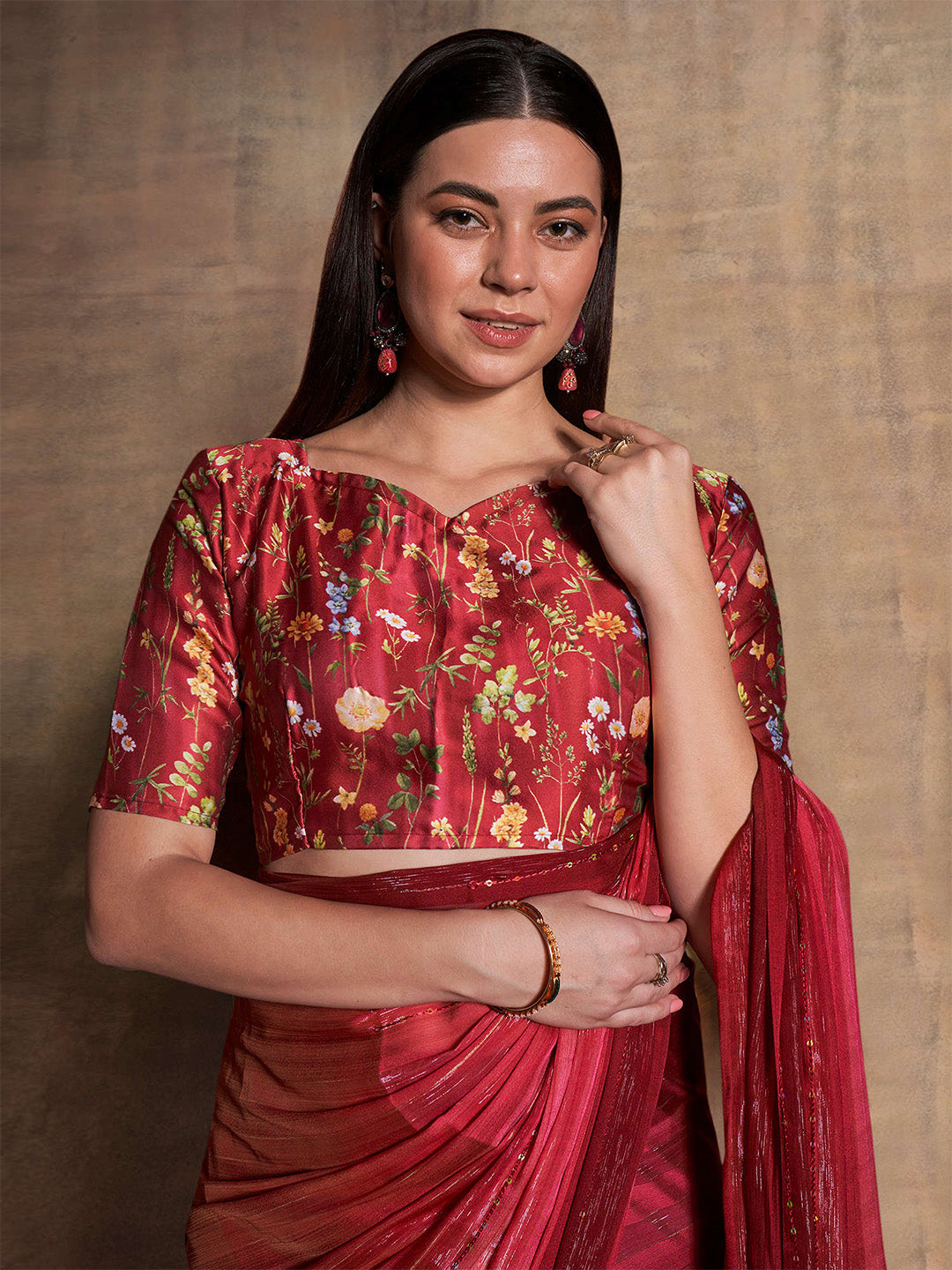 Mitera Maroon & Gold-Toned Striped Sequinned Pure Chiffon Saree - Distacart