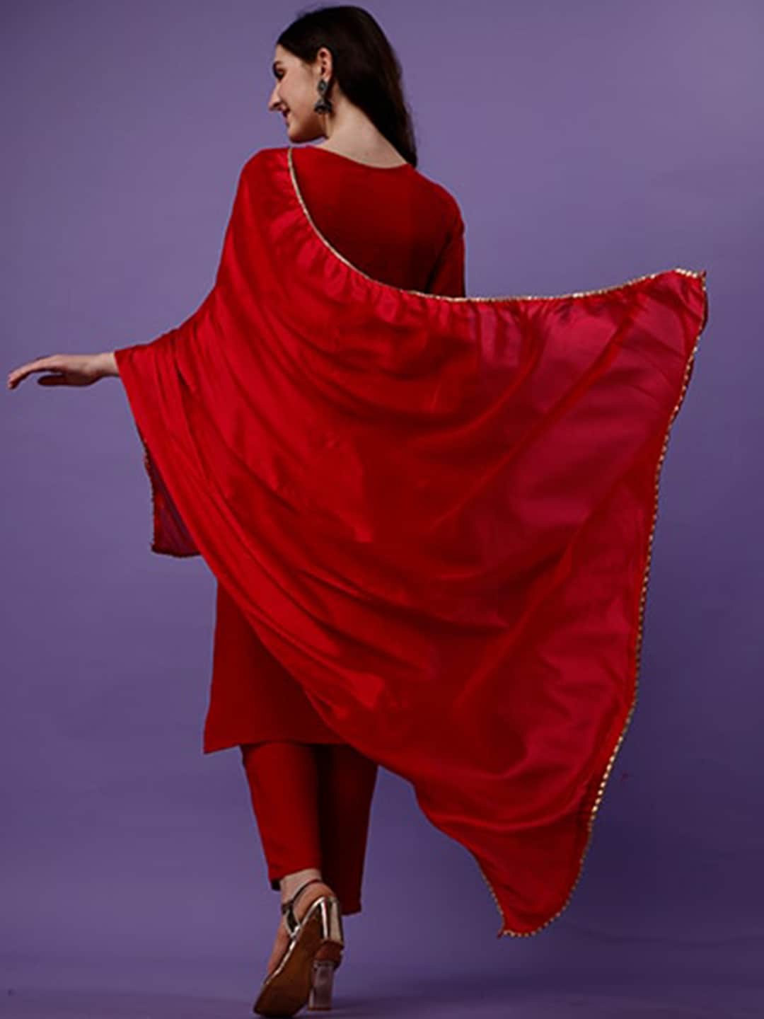 Kalini Women Red Embroidered Regular Thread Work Kurta with Trousers & With Dupatta - Distacart