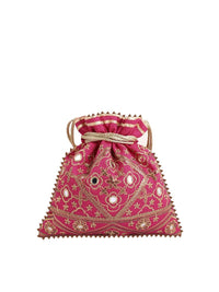 Thumbnail for Masq Pink & Gold-Toned Embroidered Potli Clutch - Distacart