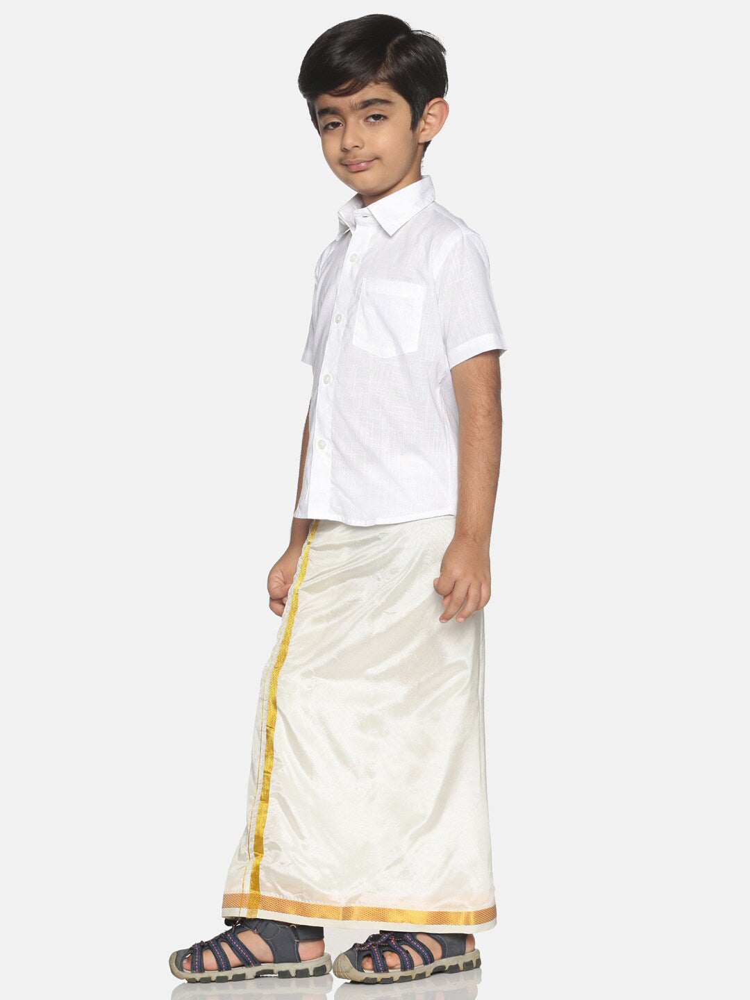 Sethukrishna Boys White & Gold Solid Pure Cotton Shirt & Veshti Set - Distacart