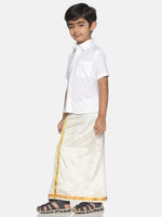Thumbnail for Sethukrishna Boys White & Gold Solid Pure Cotton Shirt & Veshti Set - Distacart