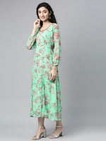Thumbnail for Souchii Sea Green Floral Chiffon Maxi Dress - Distacart