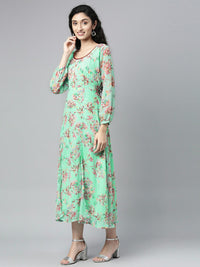 Thumbnail for Souchii Sea Green Floral Chiffon Maxi Dress - Distacart