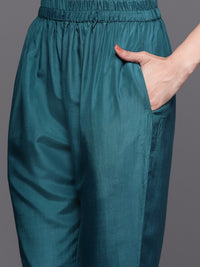 Thumbnail for Libas Women Teal Blue & Gold Ethnic Motifs Zari Straight Kurta with Trousers Dupatta - Distacart