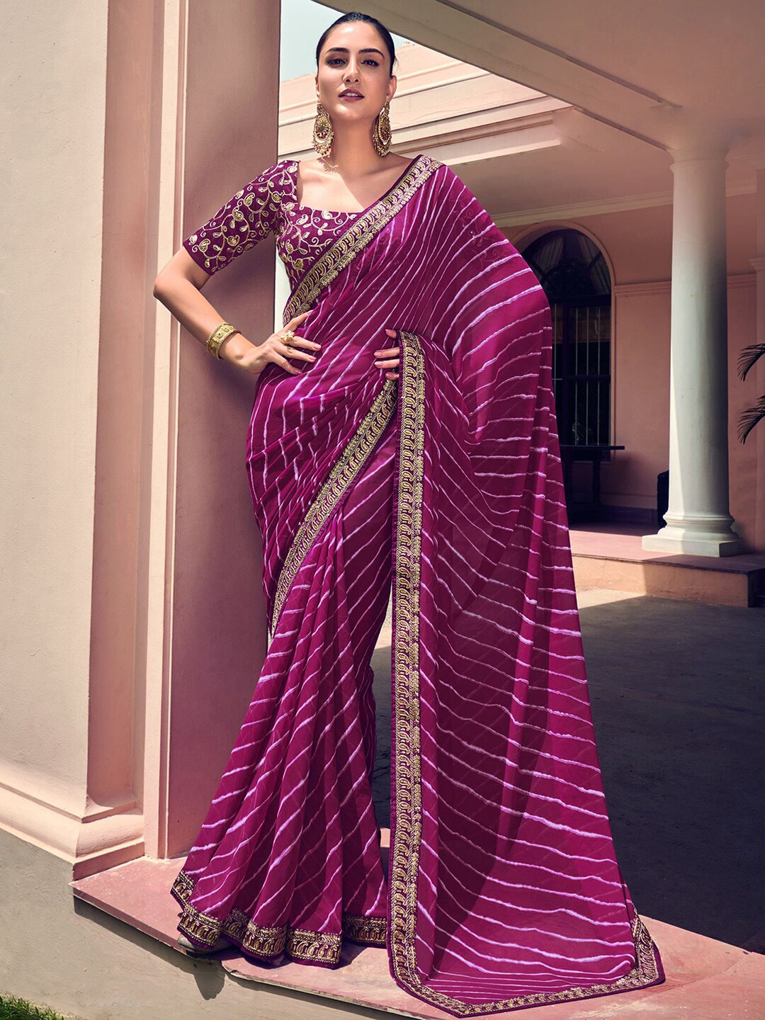 Mitera Purple & White Leheriya Printed Embroidered Poly Georgette Leheriya Saree - Distacart
