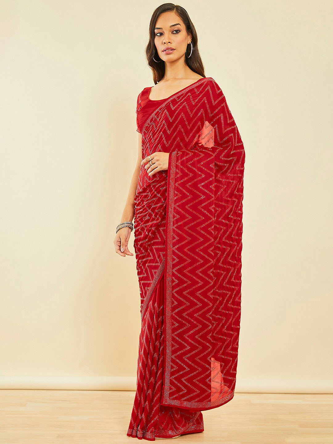 Soch Red Embellished Beads and Stones Saree - Distacart