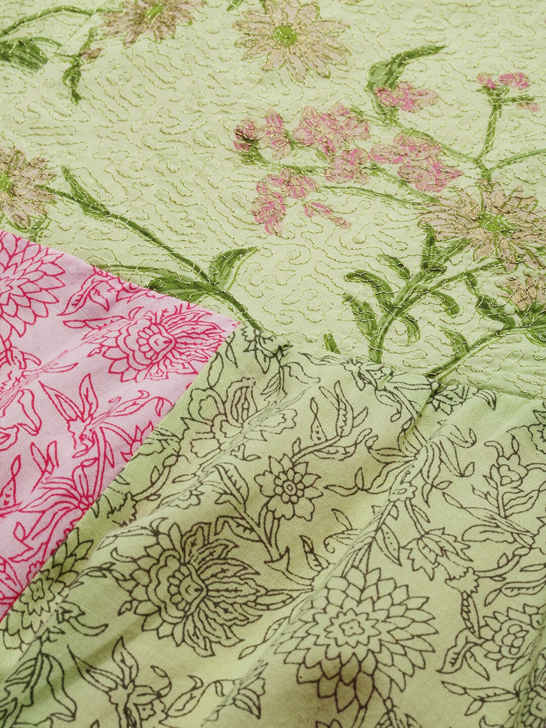 HERE&NOW Women Green & Pink Floral Printed Anarkali Cotton Kurta With Dupatta - Distacart