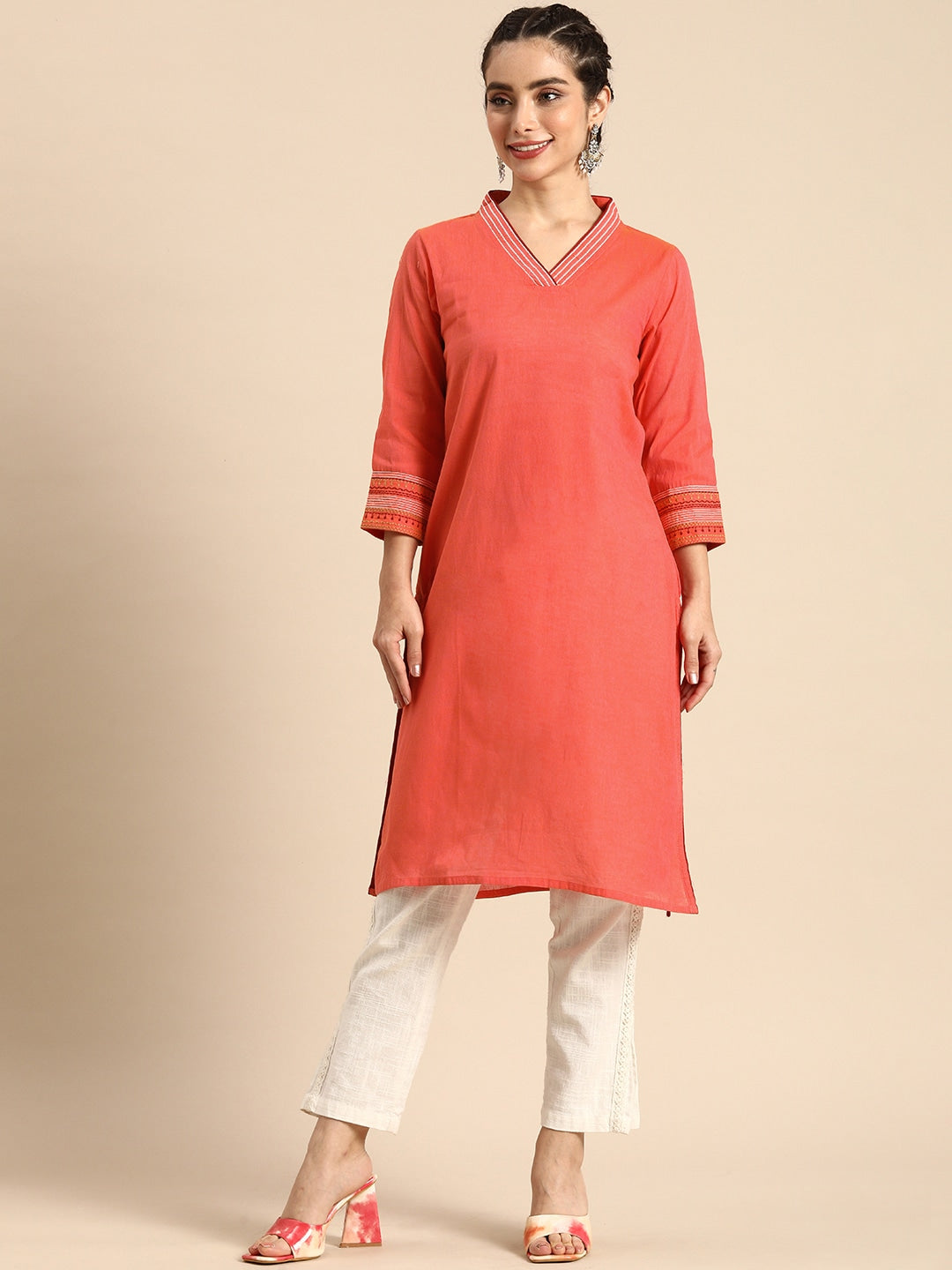 Sangria Women Coral Orange Solid Pure Cotton Kurta - Distacart