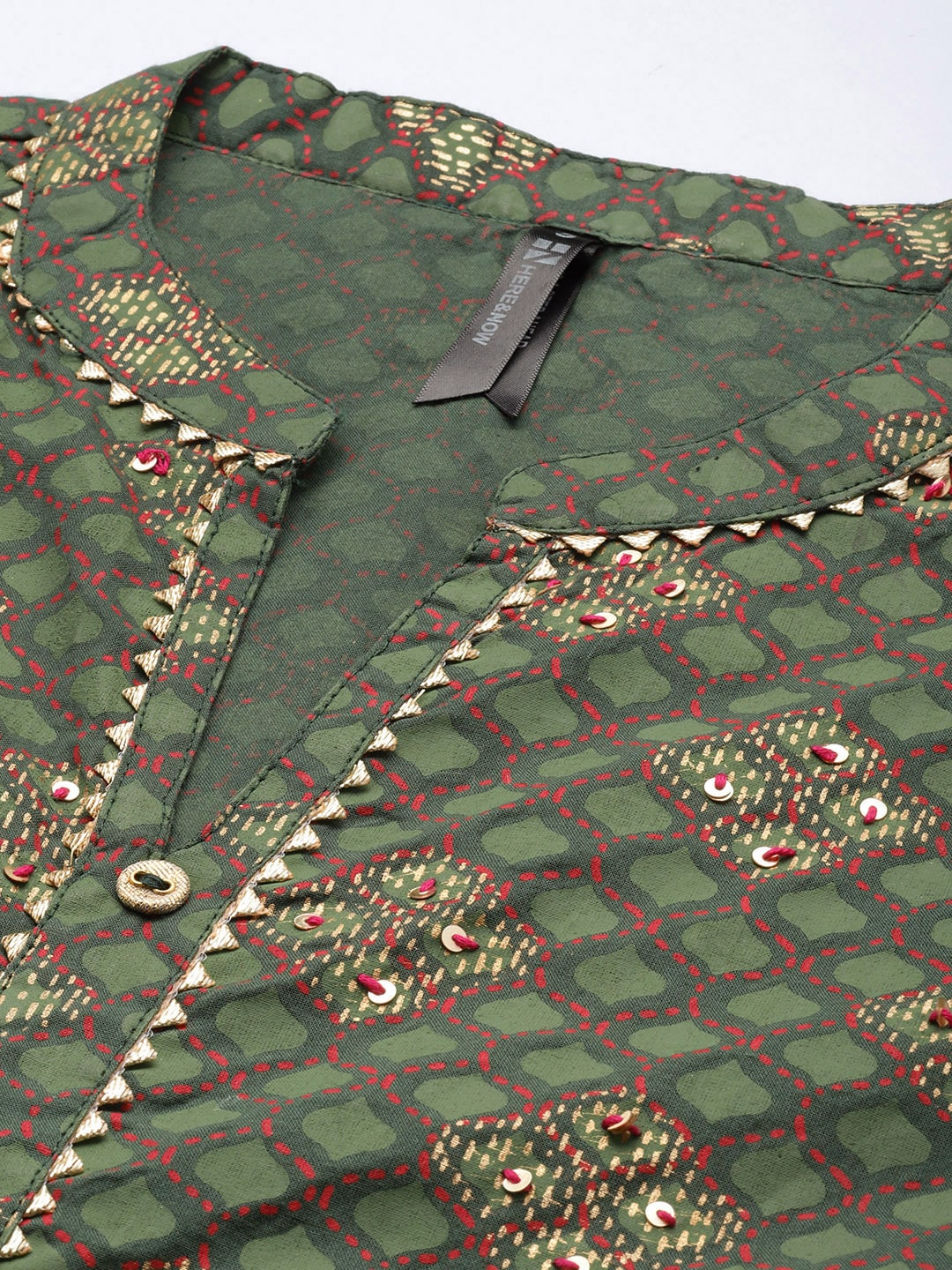 HERE&NOW Ethnic Motifs Printed Gotta Patti Pure Cotton Kurta With Trousers & With Dupatta - Distacart