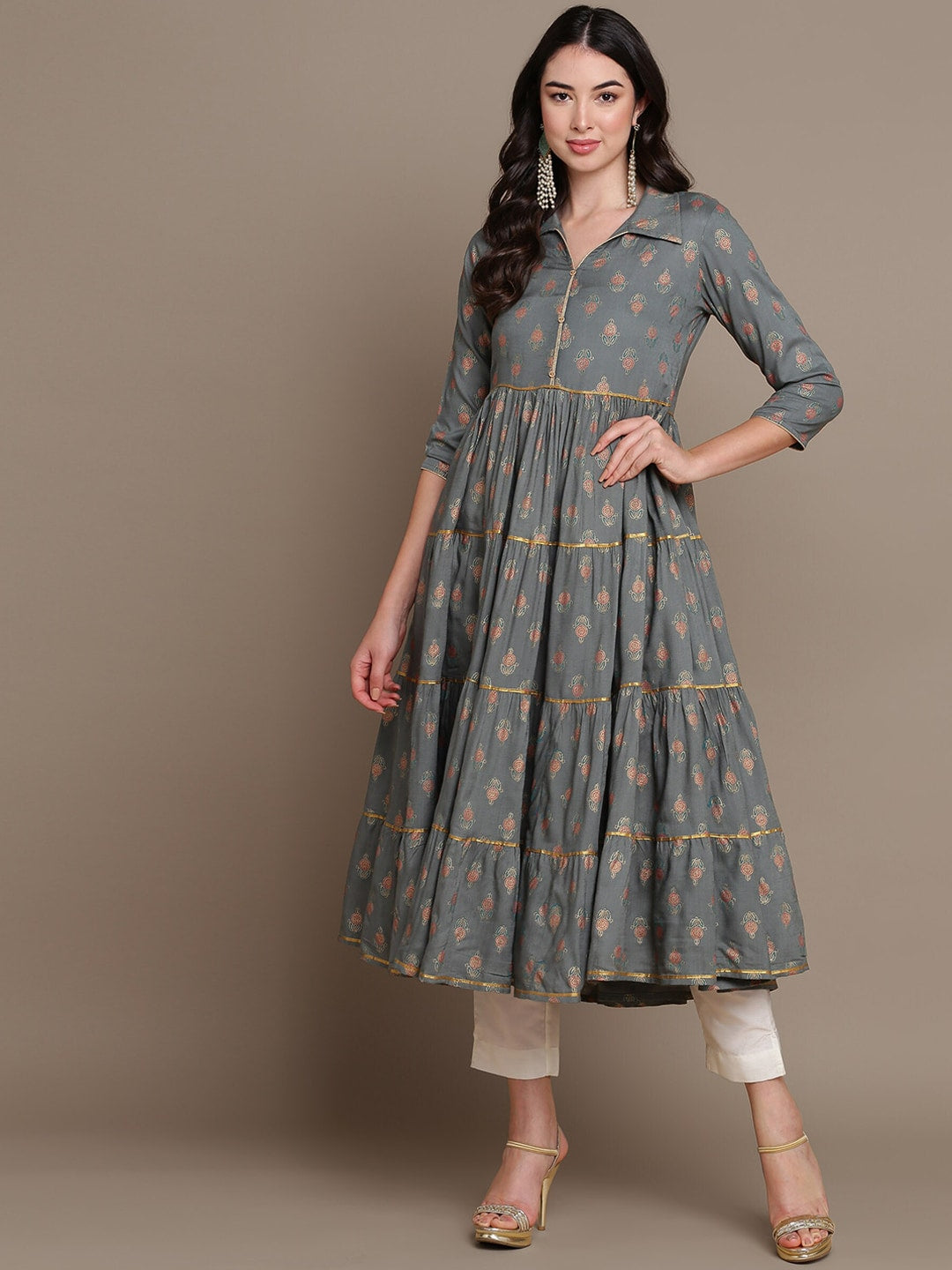 HERE&NOW Ethnic Motifs Printed Shirt Collar Tiered Pure Cotton A-Line Kurta - Distacart