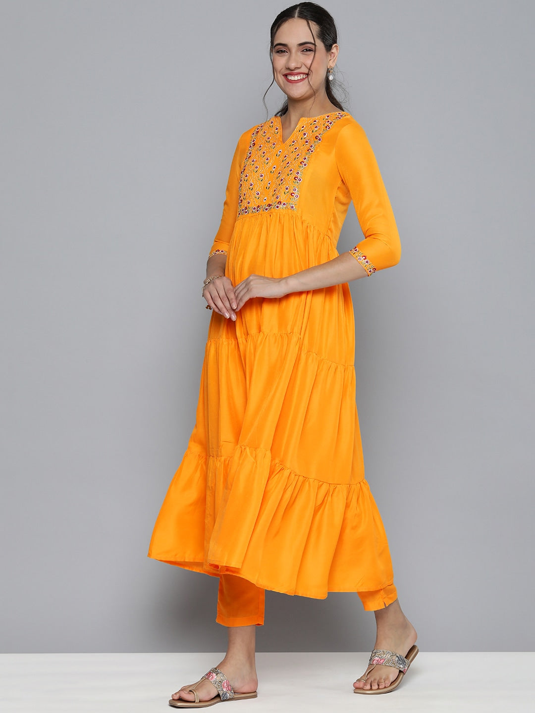 HERE&NOW Women Yellow Embroidered Kurta with Trousers & With Dupatta - Distacart