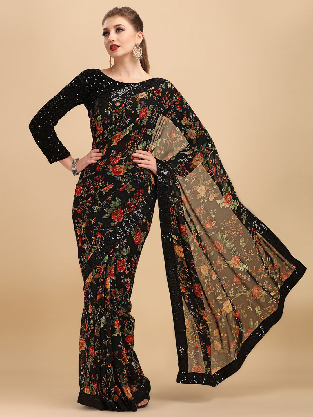 Sangria Floral Printed Embroidered Saree - Distacart