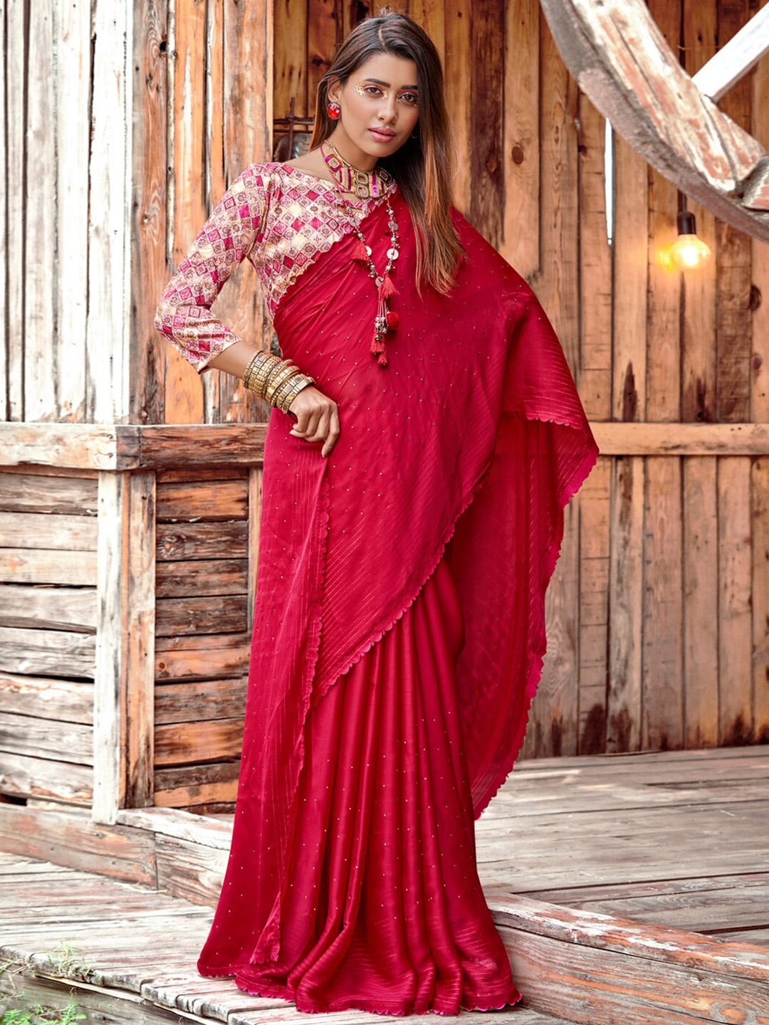 Saree Mall Pink Embellished Beads and Stones Pure Chiffon Sarees - Distacart