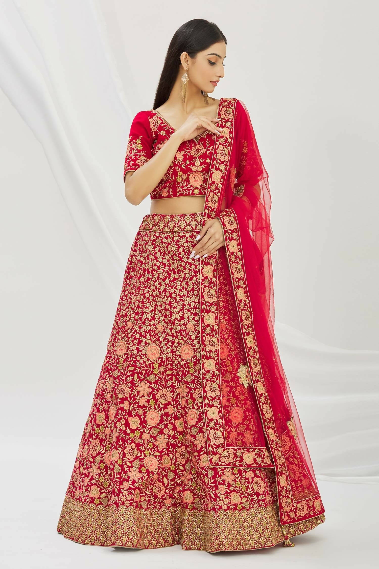Red Velvet Semi-Stitched Wedding Bridal Lehenga - Nimaya - Distacart