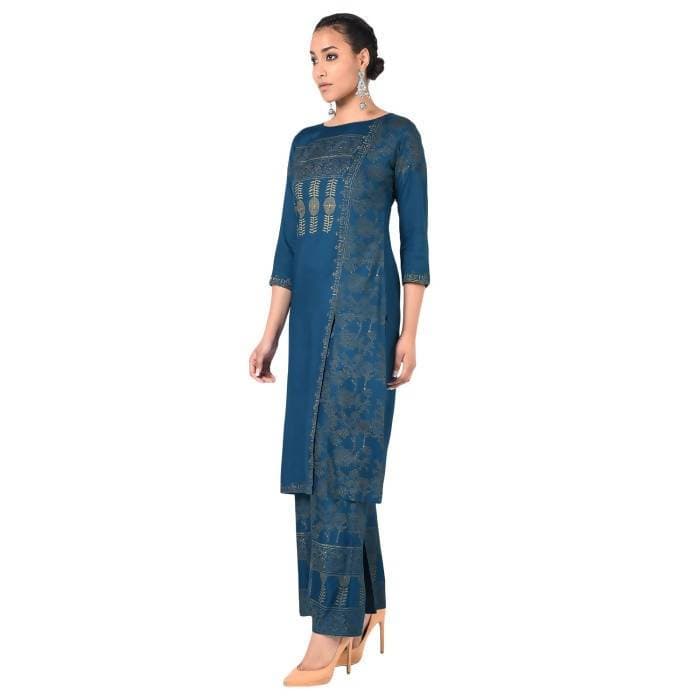 Aniyah Rayon Block Print Front Slit Straight Kurta With Palazzo Set In Blue (AN-166K)