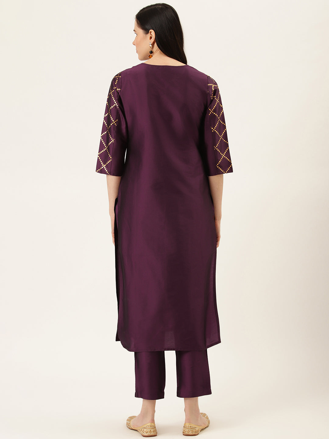 Jaipur Kurti Women Purple & Golden Printed Kurta with Trousers - Distacart