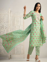 Thumbnail for Sangria Floral Printed Gotta Patti Pure Cotton Kurta With Trouser & Dupatta - Distacart