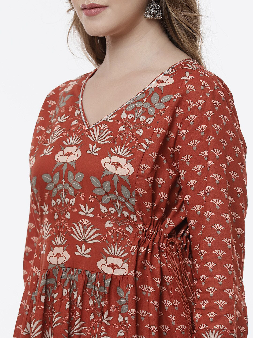 Biba Women Rust Ethnic Motifs Printed Pleated Pure Cotton Kurta with Palazzos - Distacart