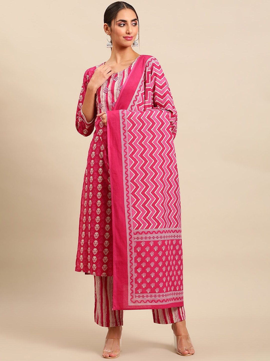 Sangria Women Ethnic Motifs Printed Pure Cotton Kurta with Trousers & With Dupatta - Distacart
