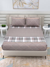 Thumbnail for DREAM WEAVERZ Beige Checked 220 TC Glazed Cotton Bedsheet with Pillow Covers - Distacart