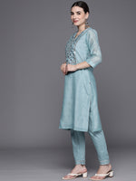 Thumbnail for Biba Women Blue Ethnic Motifs Yoke Design Kurta with Trousers & Dupatta - Distacart