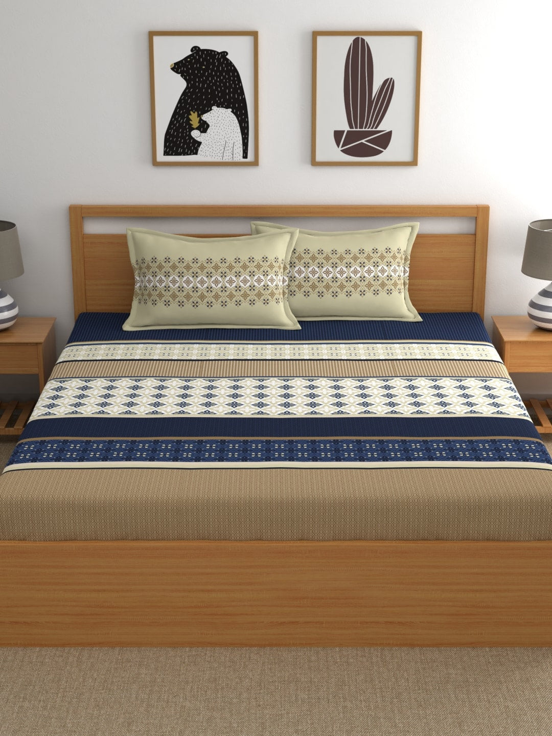 Home Ecstasy Blue & Beige Ethnic Motifs 140 TC King Bedsheet with 2 Pillow Covers - Distacart