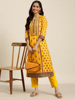 Thumbnail for Sangria Women Yellow Ethnic Motifs Printed Kurta with Trousers - Distacart