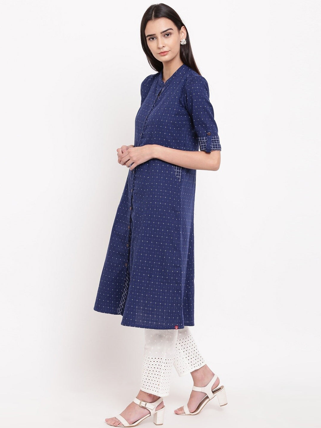 Biba Women Navy Blue Printed Pure Cotton Kurta with Trousers - Distacart