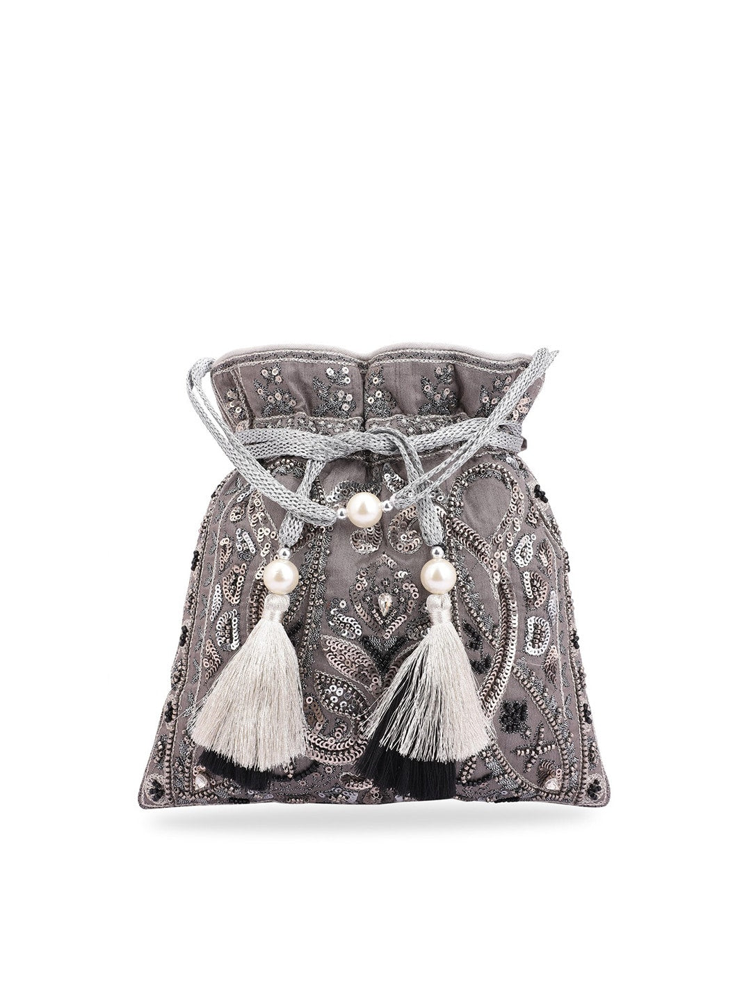Masq Grey & White Embellished Potli Clutch - Distacart