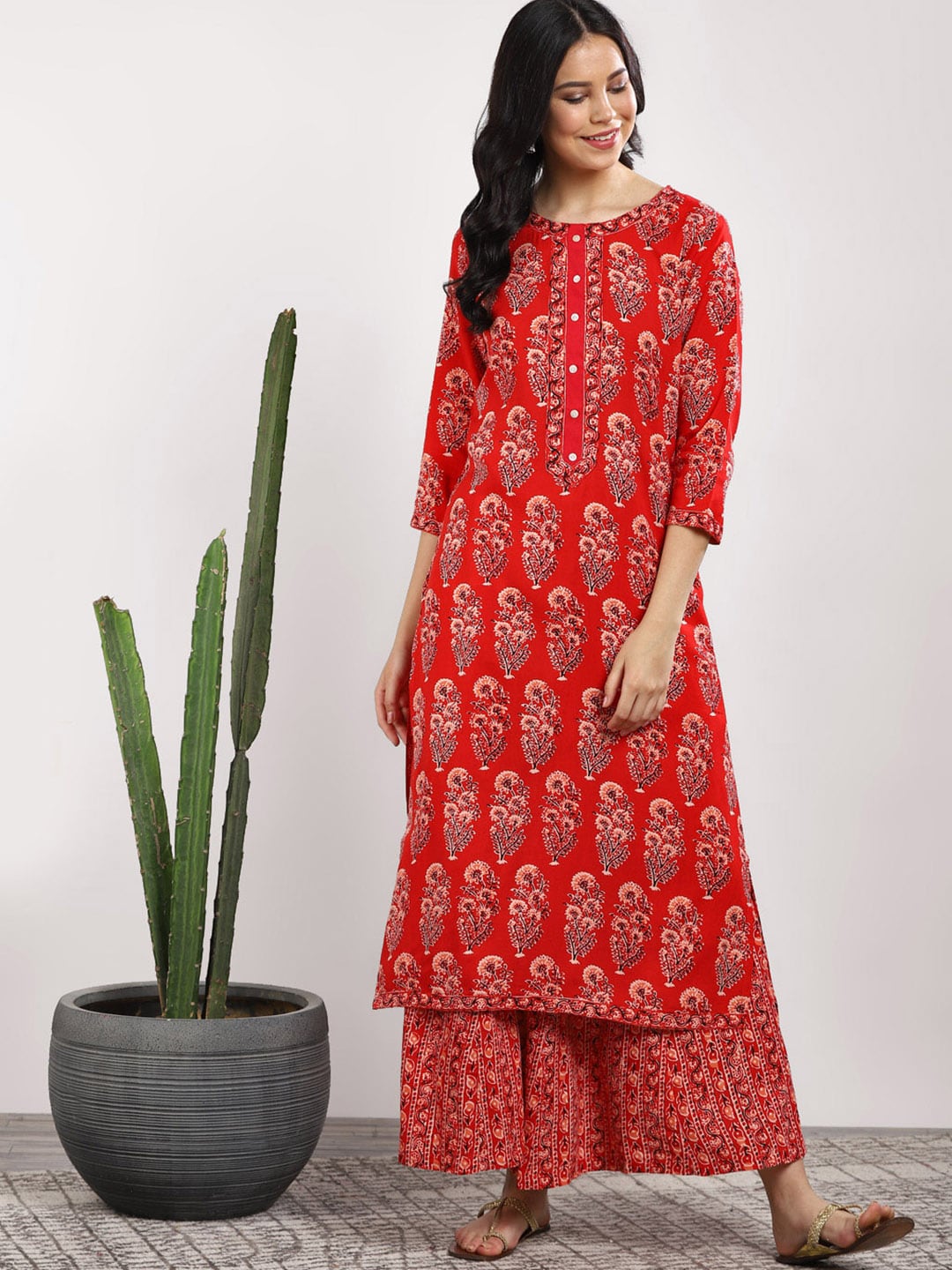 Sangria Women Red Printed Kurta with Palazzos - Distacart