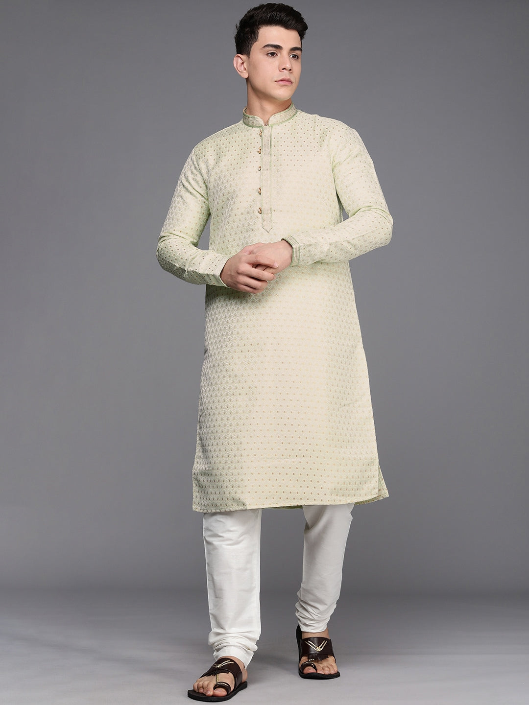 Manyavar Men Green Jacquard Woven Design Kurta with Pyjamas - Distacart