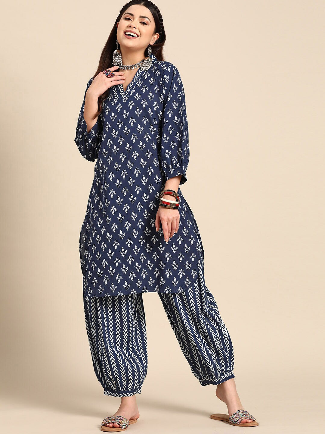 Sangria Blue & White Ethnic Motifs Printed V-Neck Pure Cotton A-Line Kurta With Salwar - Distacart