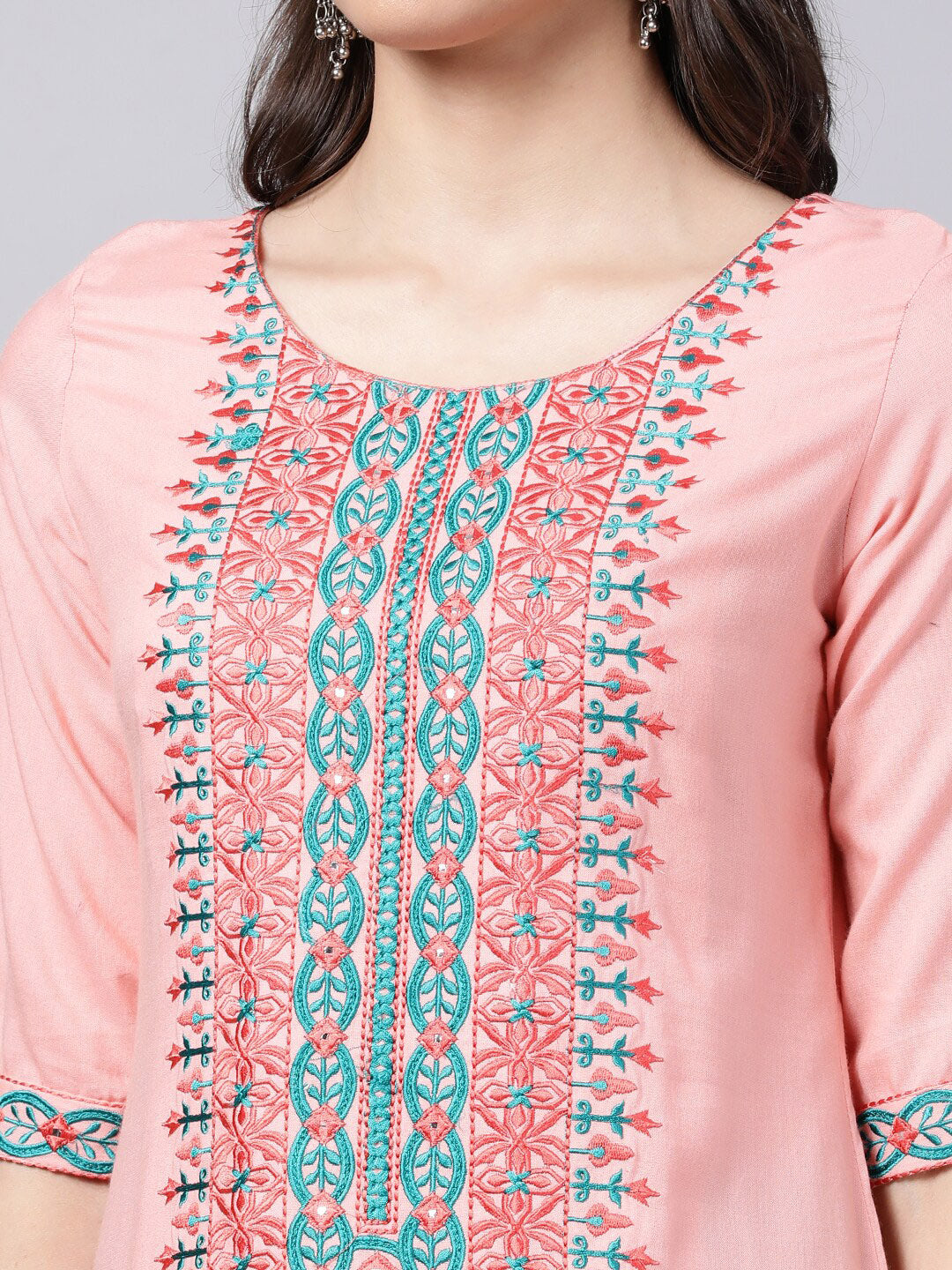 Souchii Women Peach-Coloured & Blue Ethnic Motifs Yoke Design Thread Work Pastels Kurta - Distacart