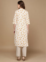 Thumbnail for HERE&NOW Off White & Mustard Yellow Floral Printed Thread Work Sequinned Cotton Kurta - Distacart