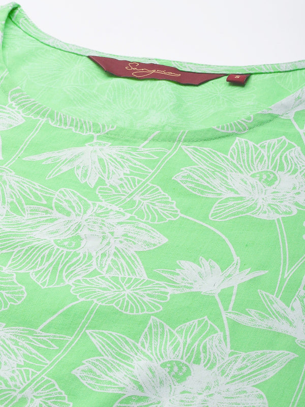 Sangria Women Green Floral Printed Pure Cotton Kurta with Trousers - Distacart
