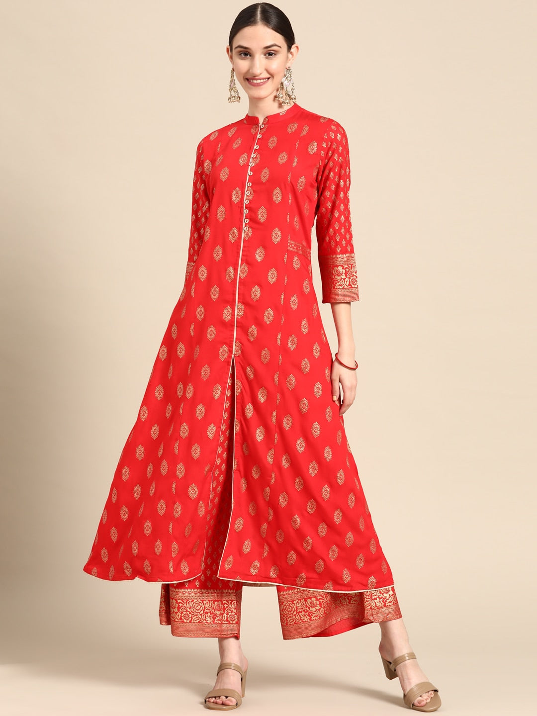 Sangria Women Red Ethnic Motifs Printed Kurta with Palazzos - Distacart