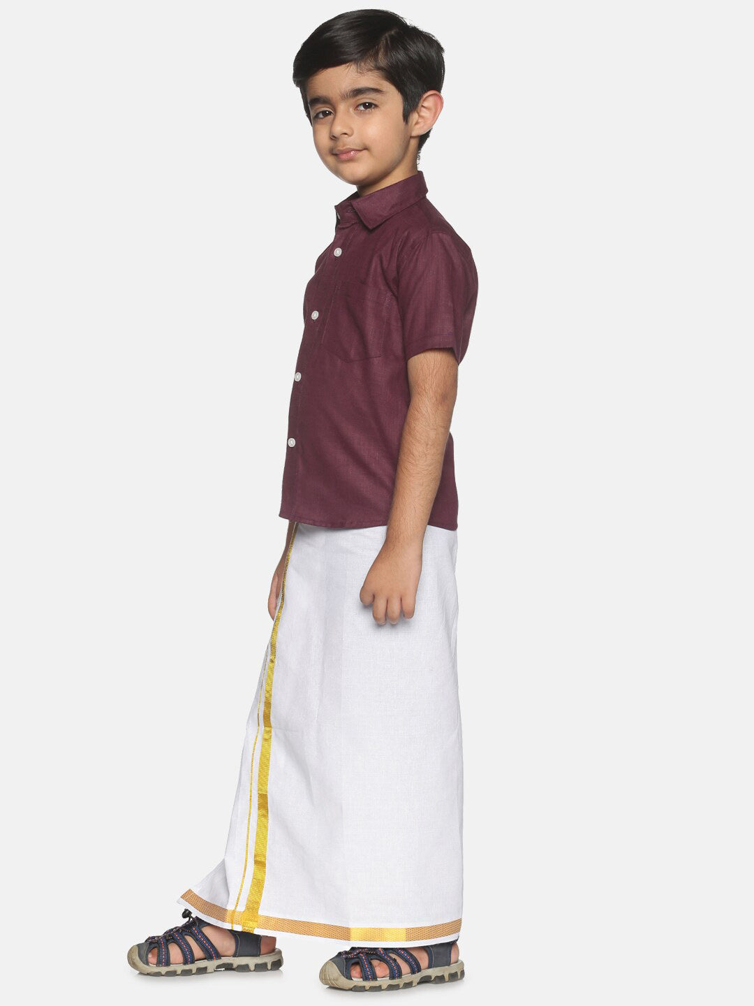 Sethukrishna Boys Maroon & White Pure Cotton Solid Shirt and Dhoti Set - Distacart