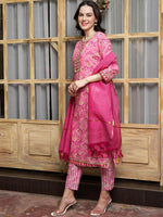Thumbnail for Sangria Pink Ethnic Motifs Printed Pure Cotton Kurta Set - Distacart