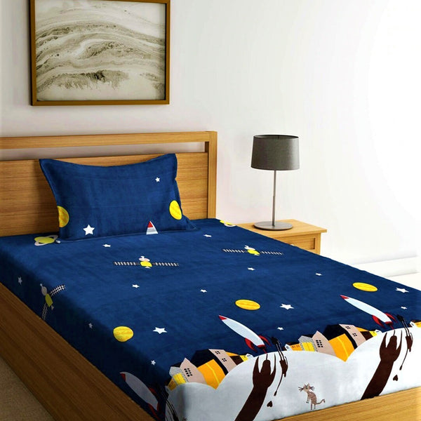 Home Sizzler Blue & Yellow Cartoon Characters 210 TC Bedsheet with Pillow Covers - Distacart