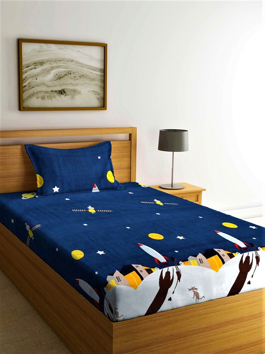 Home Sizzler Blue & Yellow Cartoon Characters 210 TC Bedsheet with Pillow Covers - Distacart