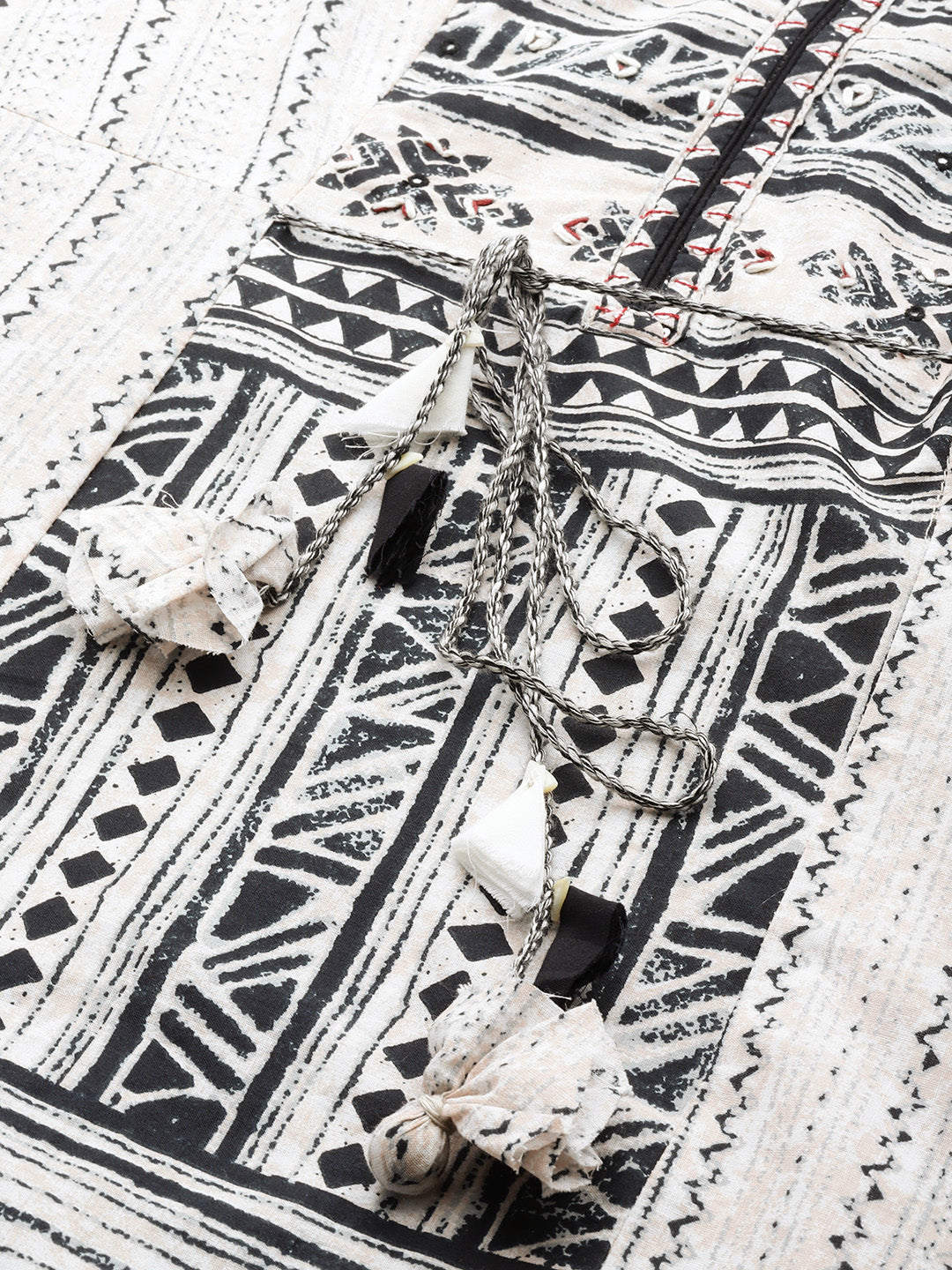 Biba Women Beige & Black Pure Cotton Geometric Printed Bell Sleeves Kurta - Distacart