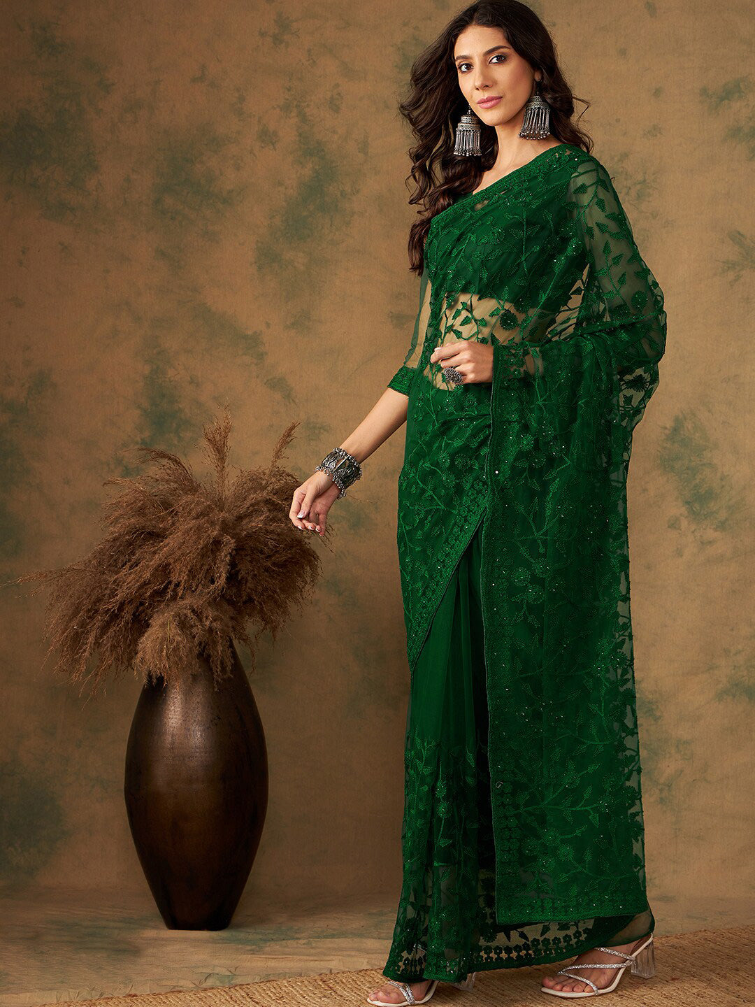 Sangria Floral Embroidered Net Sarees - Distacart