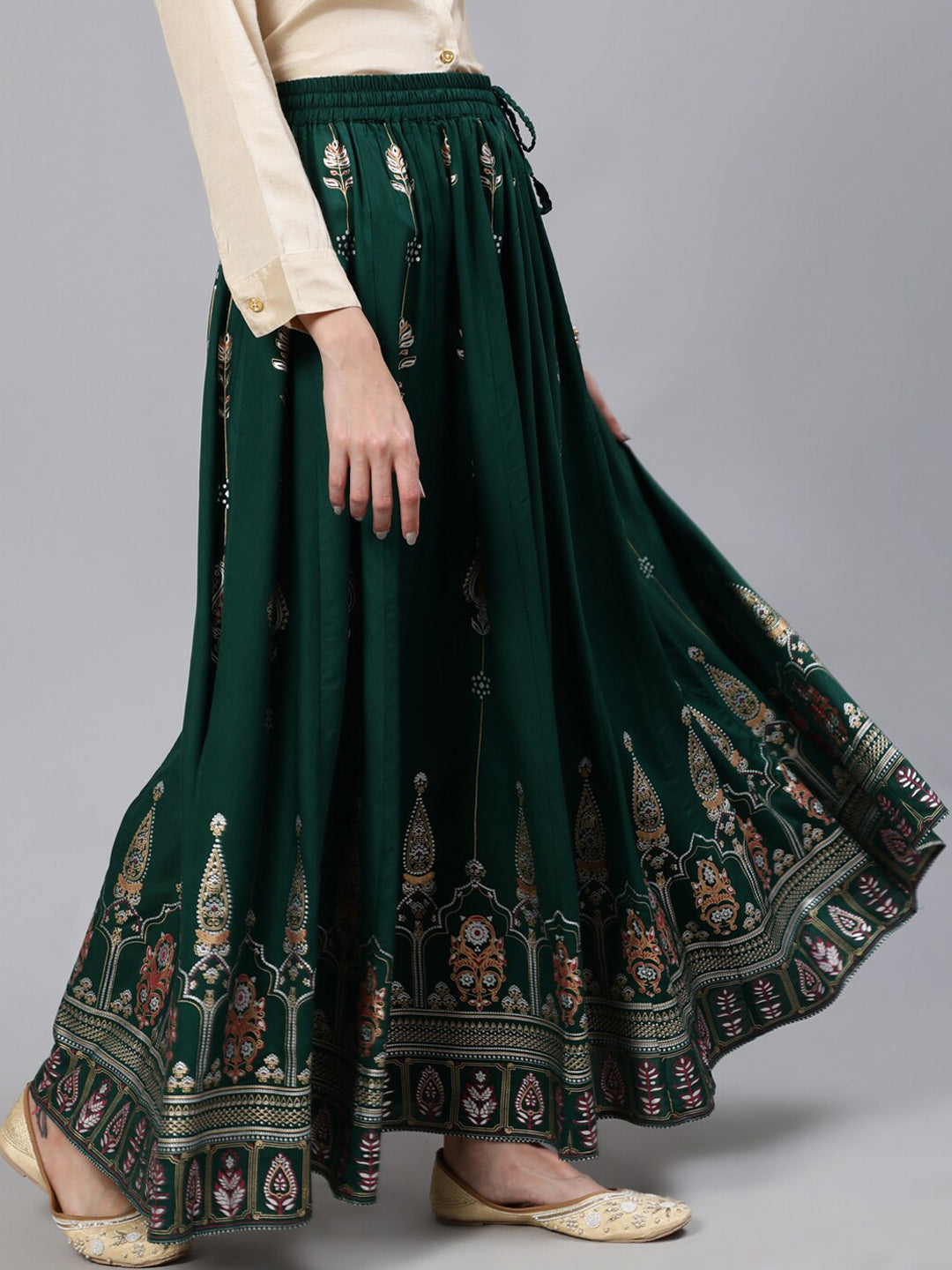 Jaipur Kurti Women Green & Peach-Colored Printed Flared Maxi Skirt - Distacart