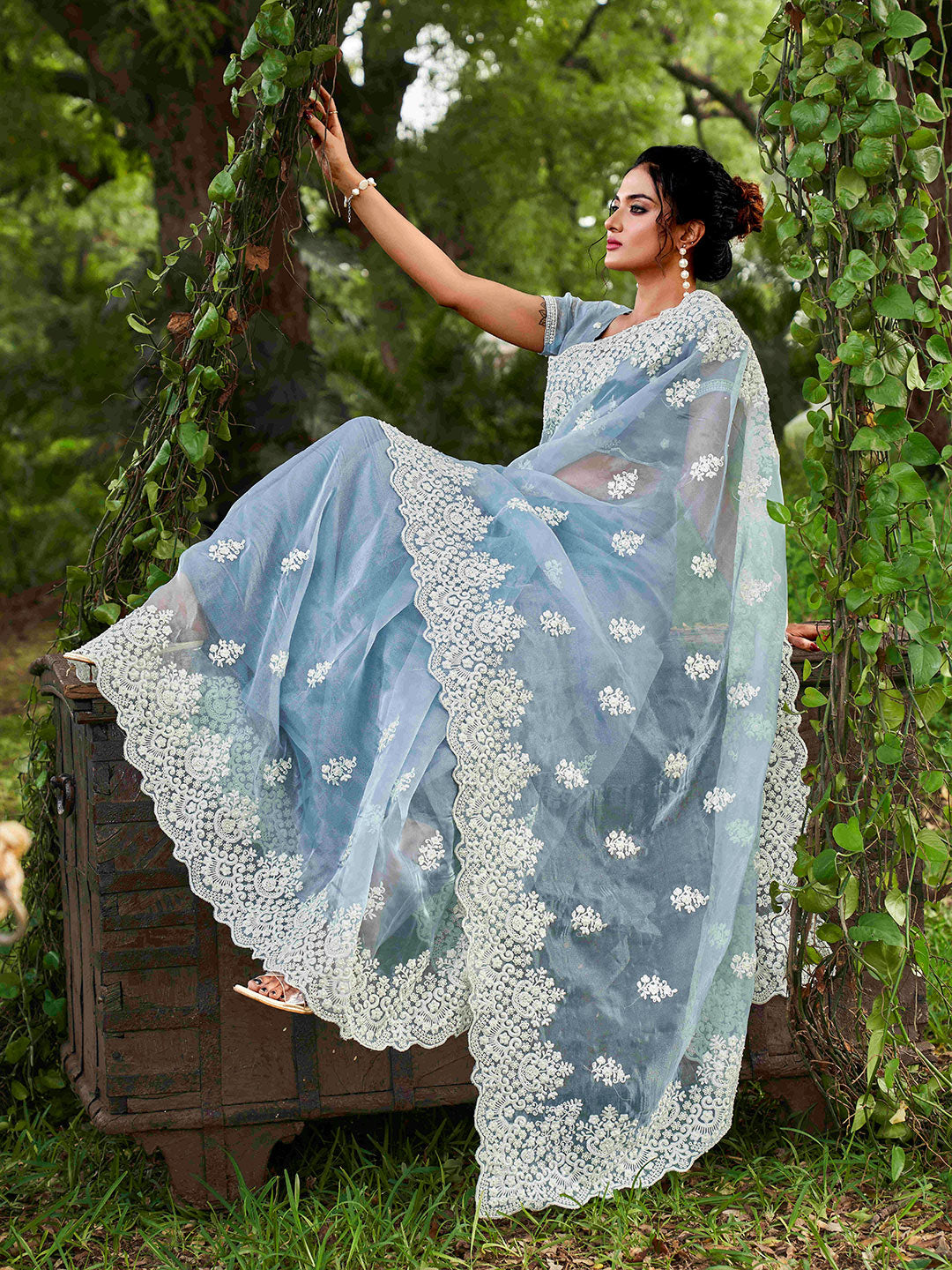 Tikhi Imli Ethnic Motifs Beads and Stones Organza Heavy Work Saree - Distacart