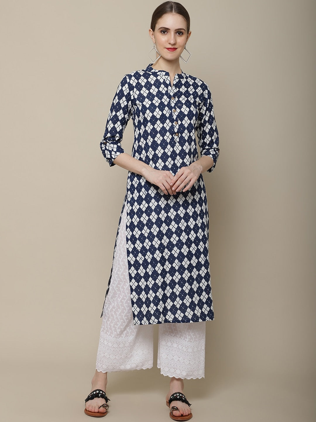 Sangria Women Navy Blue & White Geometric Printed Kurta - Distacart