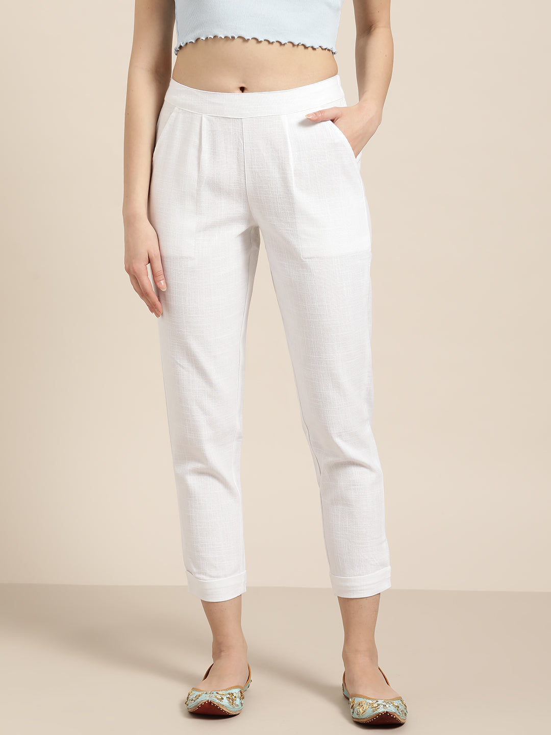 Jaipur Kurti Women White Regular Cropped Trousers - Distacart