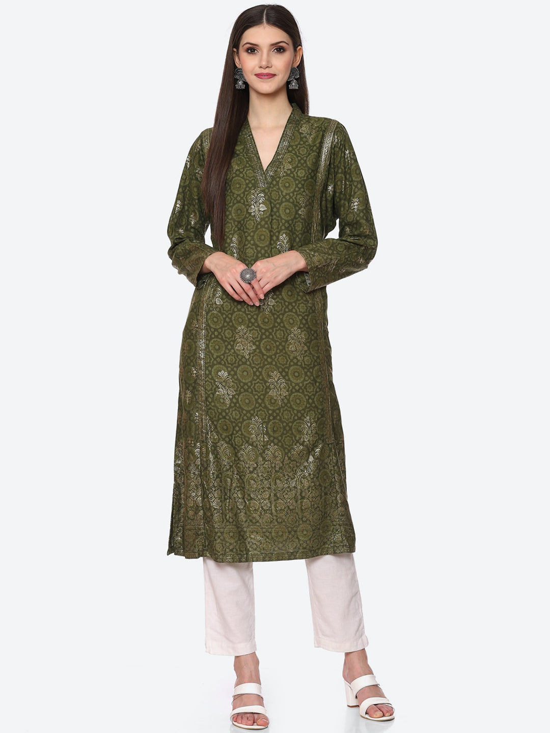 Biba Women Olive Green Geometric Printed Kurta - Distacart